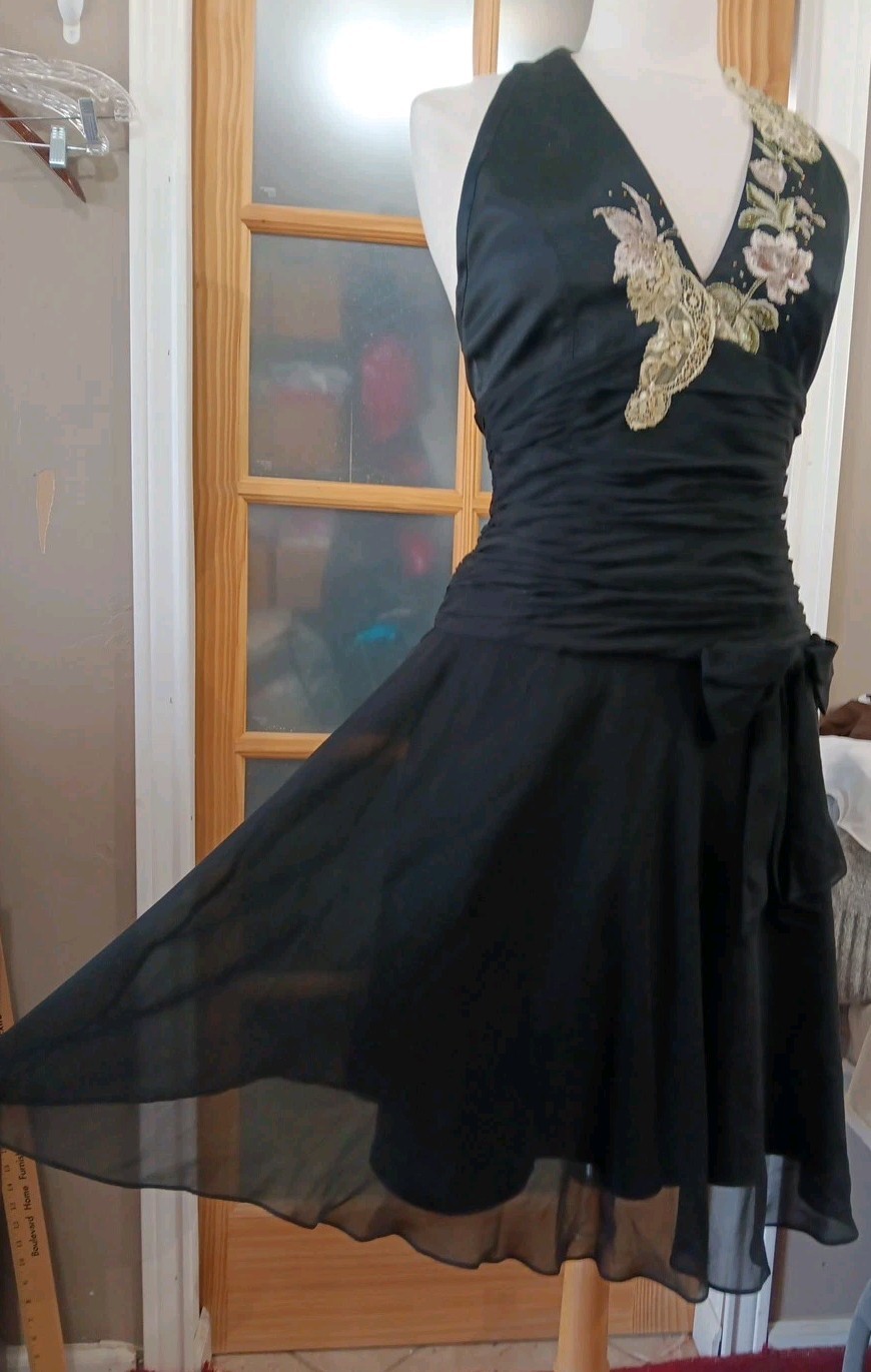 VTG Silk Halter Dress Papell Boutique Flapper Sz10 Black Embroidered Beaded Lace