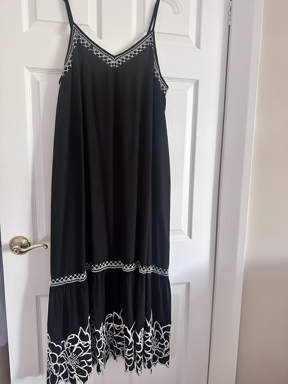 Black Embroidered Midi Dress UK 20 Cotton Tiered Sundress Floral pattern on hem