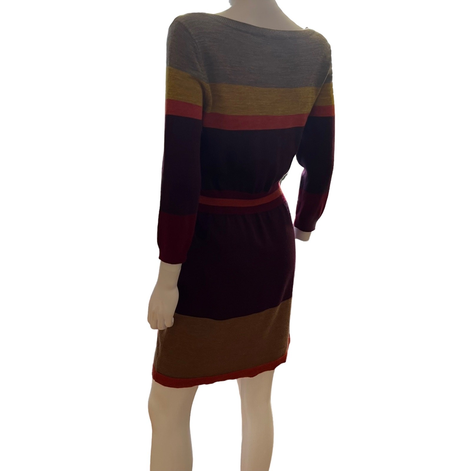Loft Purple Orange Camel Striped A-Line 3/4 Sleeve Sweater Dress M