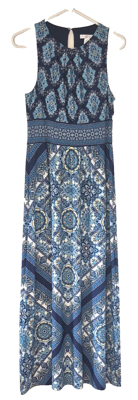 London Times Womens Medium Blue White Paisley Sleeveless Round Neck Maxi Dress