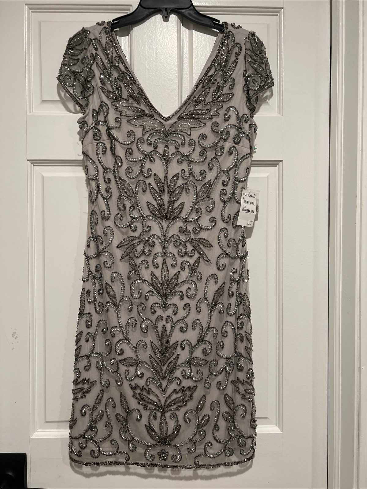 NWT $238Pisarro Nights Dress Women’s 8 Beige Sequin Beaded Flapper Sheath Gatsby