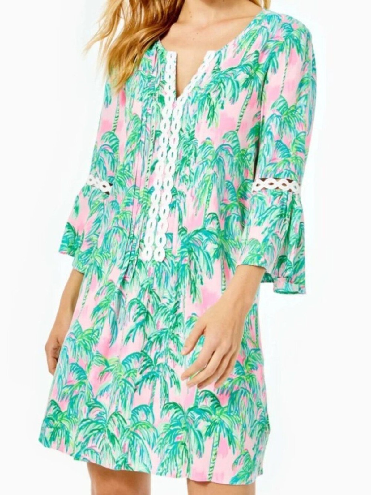 Lilly Pulitzer Hollie Tunic Dress Pink Blossom Palm Tree Lace Size XL