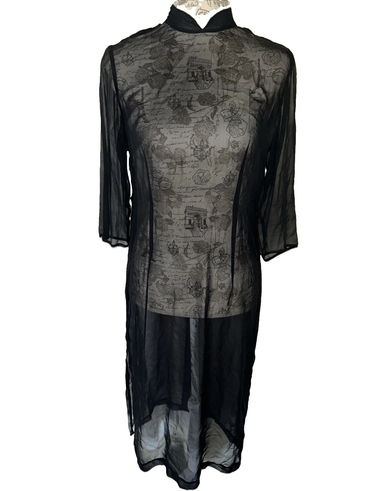 Morgane Le Fay Womens Sheer Shift Dress Black Wool High-Neck Size M