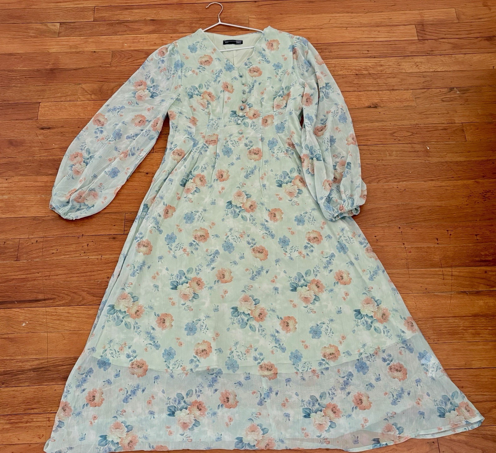 Chiffon Floral Maxi Dress Light Blue Peach Balloon Sleeve V-Neck Sheer Ruffle