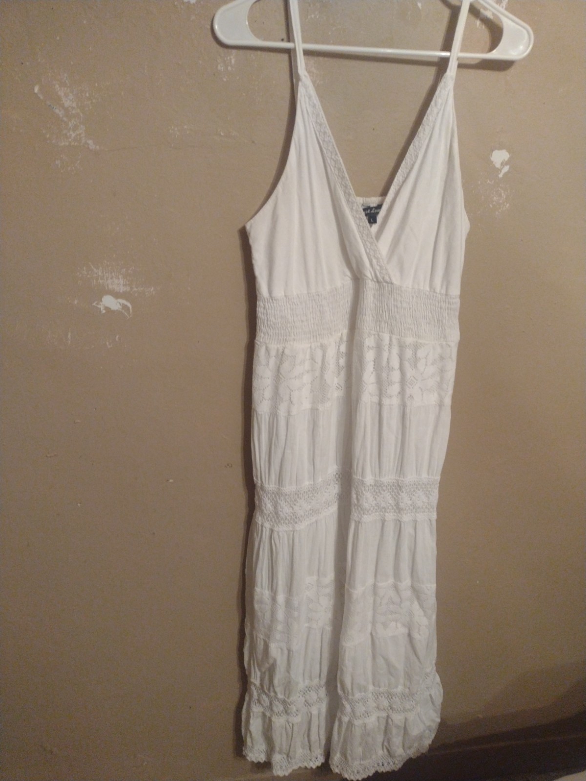 Just Love Large L White Spaghetti Strap Cotton V-Neck Crotchet Maxi Dress