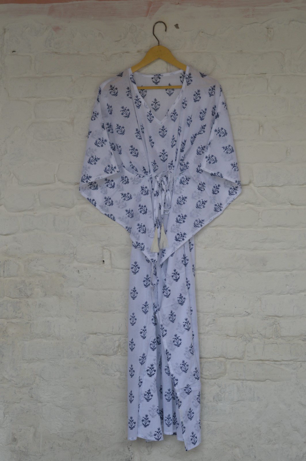 TARRIF FREE✅0%CHARGE Hand Printed Long Kaftan 100%Cotton 52 Inches Dress KF-47