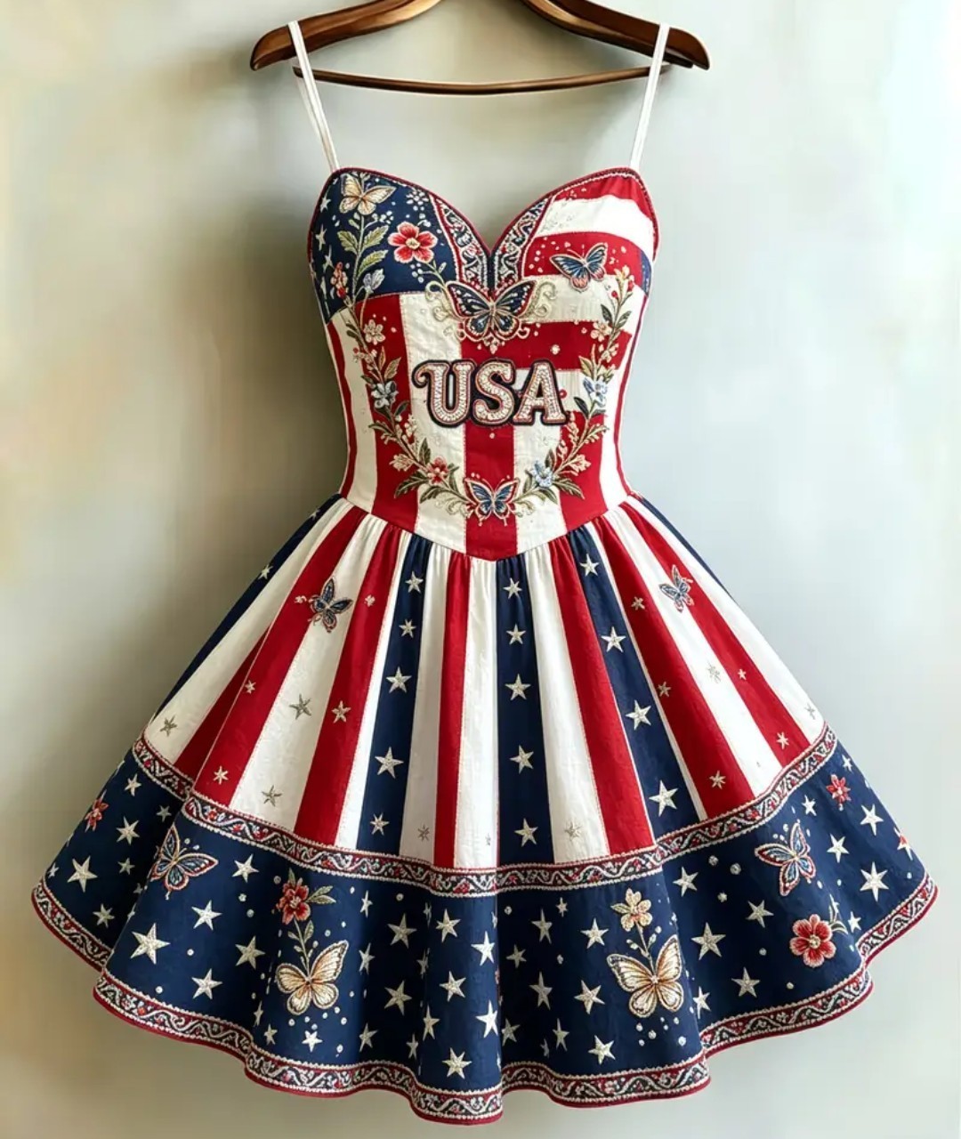 American Retro Star-Spangled Flag Butterfly Flower Embroidered& Printed Dress