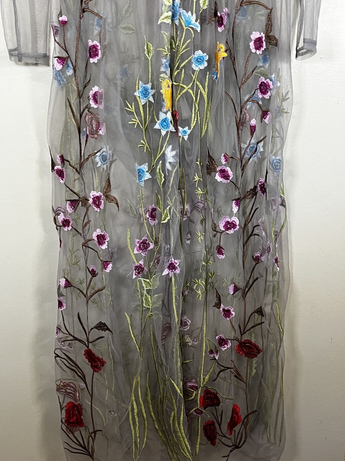 Retro Floral Mesh Maxi Dress Gray XL Whimsical Romantic Fairy Sheer Colorful Art