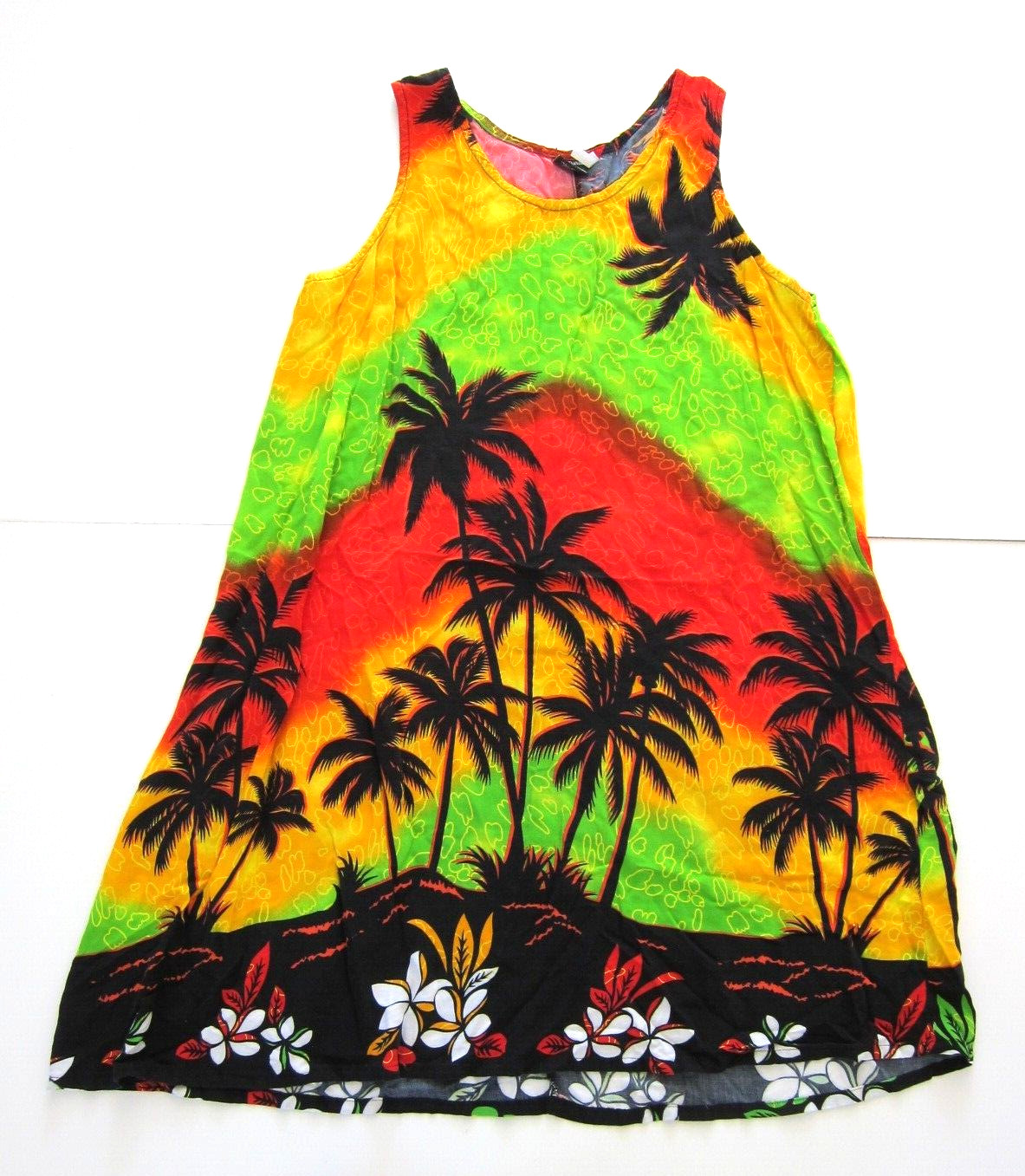 VTG Aloha Fashion Hawaiian Yellow Red Green Floral Sleeveless Tank Dress Large