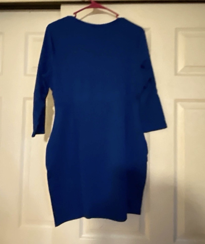 Women’s Blue Solid Knit Bodycon Mini Dress, Square Neck 3/4 Sleeve, L