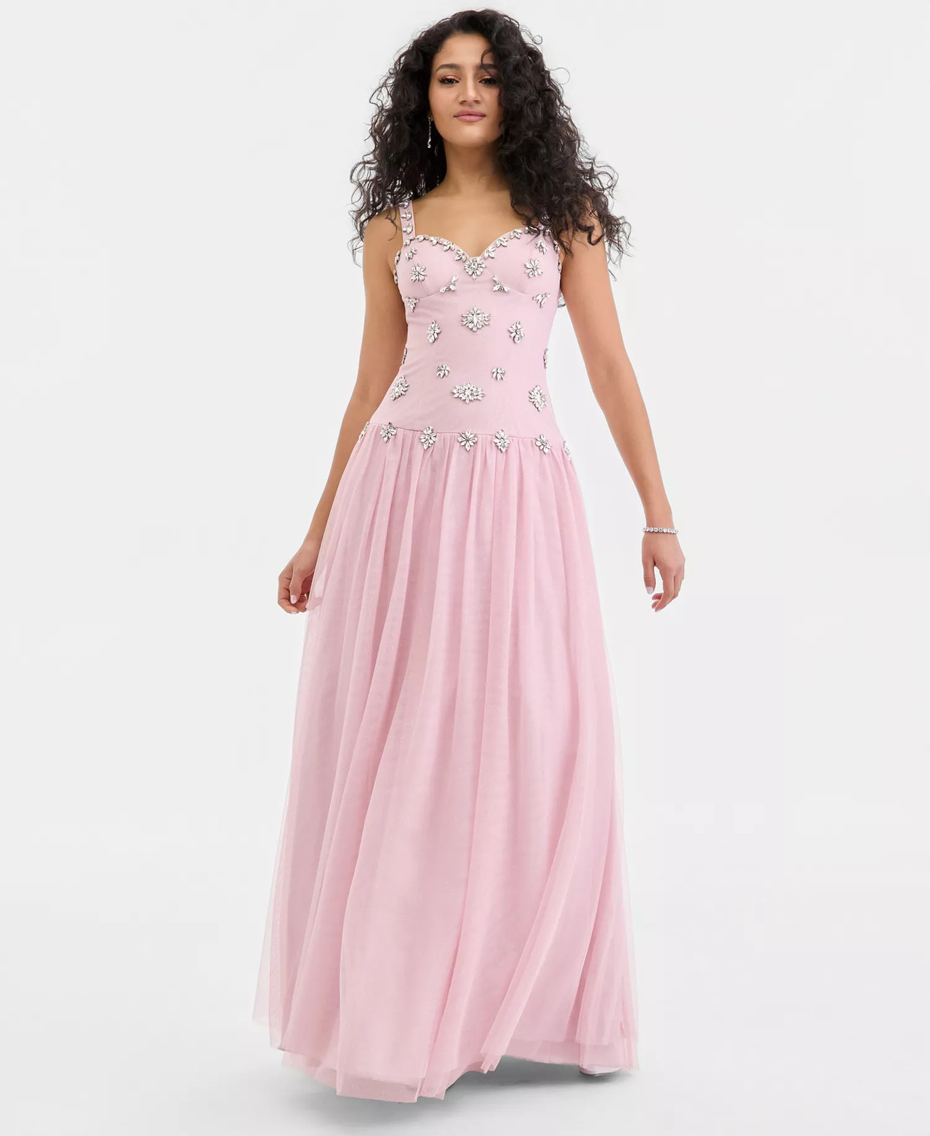 Say Yes Ball Gown 7/8 Pink Rhinestone Beaded Mesh Sweetheart Neck NWT $209