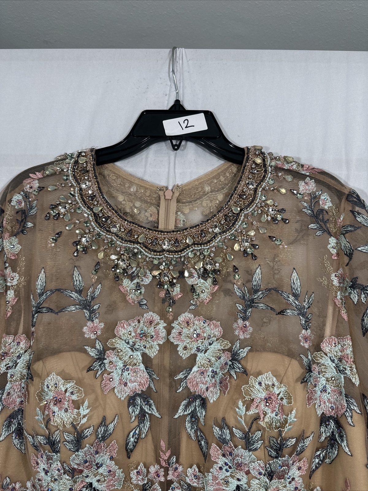 NWT $798 Mac Duggal [ 14 ] Floral Embroidered Long Sleeve Trumpet Gown Nude Q624