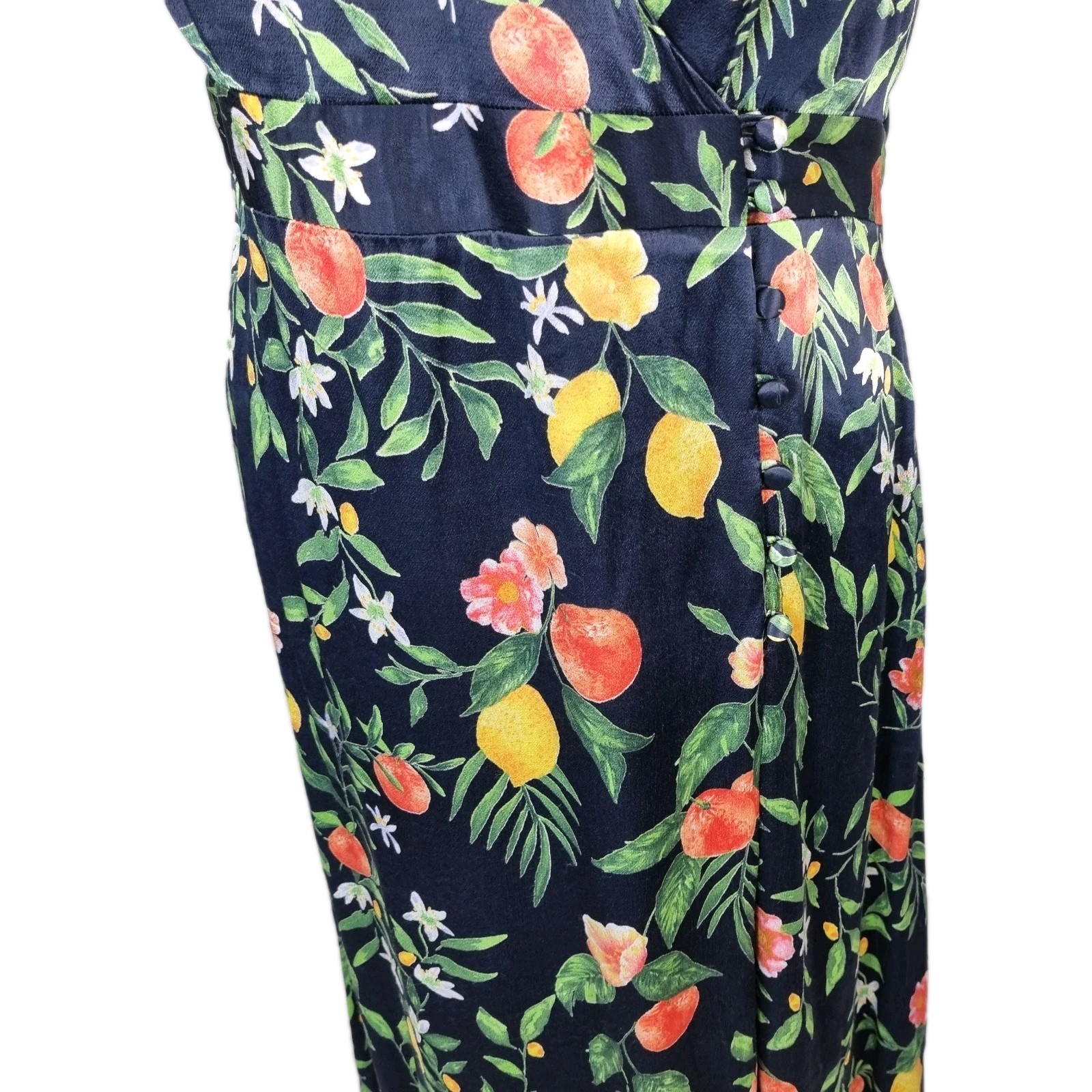 Monsoon Fruit Print Wrap Midi Dress UK 14 Navy Lemon Floral Tea Dress