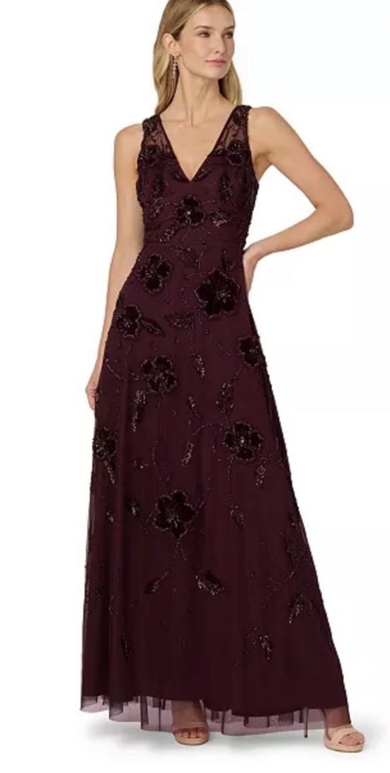 Adrianna Papell Velvet Floral Beaded Mesh Gown,sz 2,Purple,New,No Missing Beads