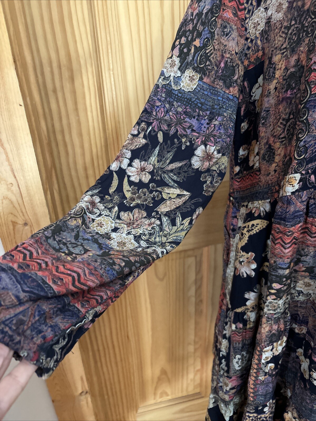 Papillon Patchwork Printed Dress Women’s XL Boho Artsy Blue Floral Style 15526