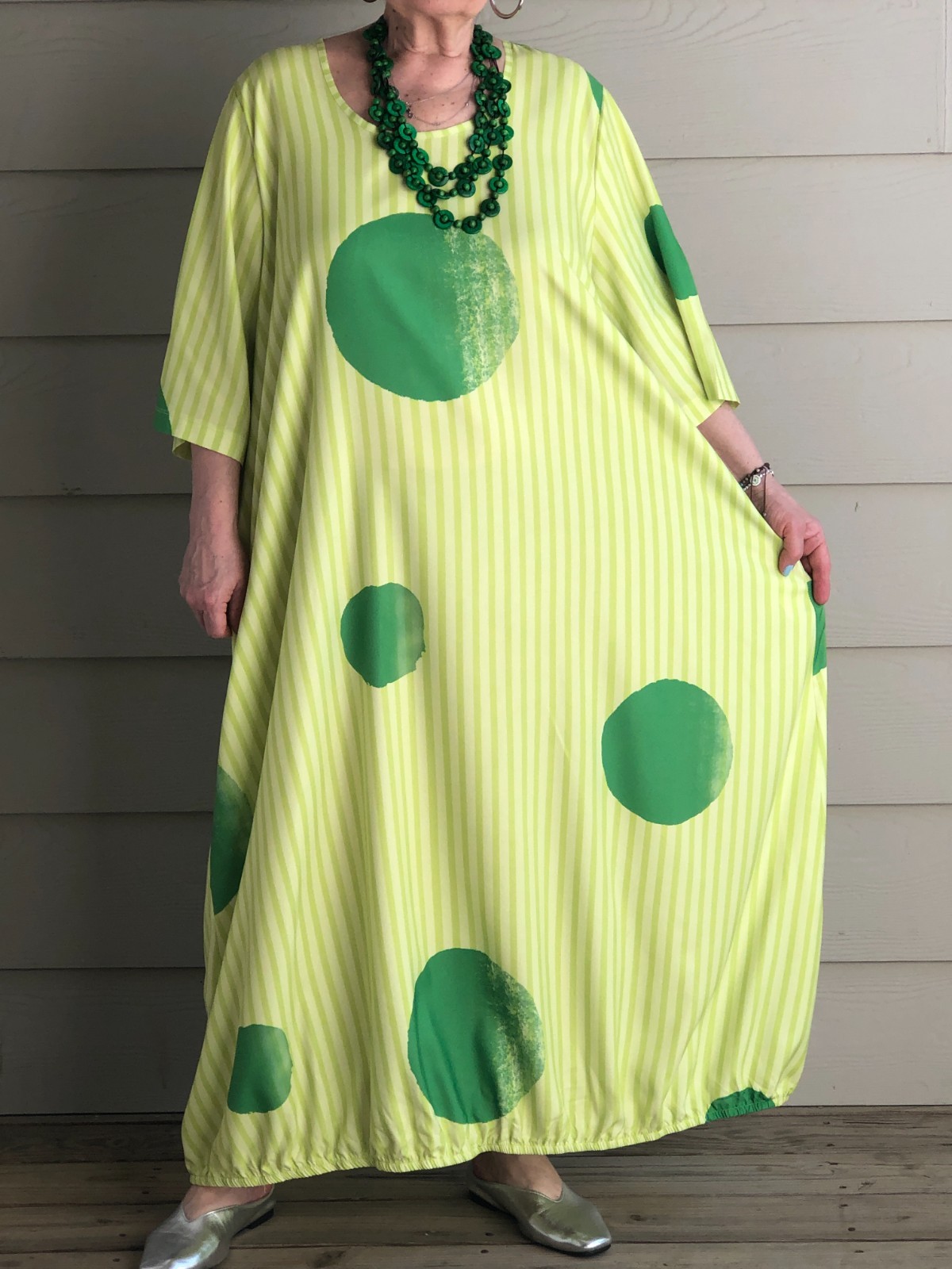 Green Polka Dot Bubble Dress Asymmetric Lagenlook Artsy Boho OSFM +Necklace