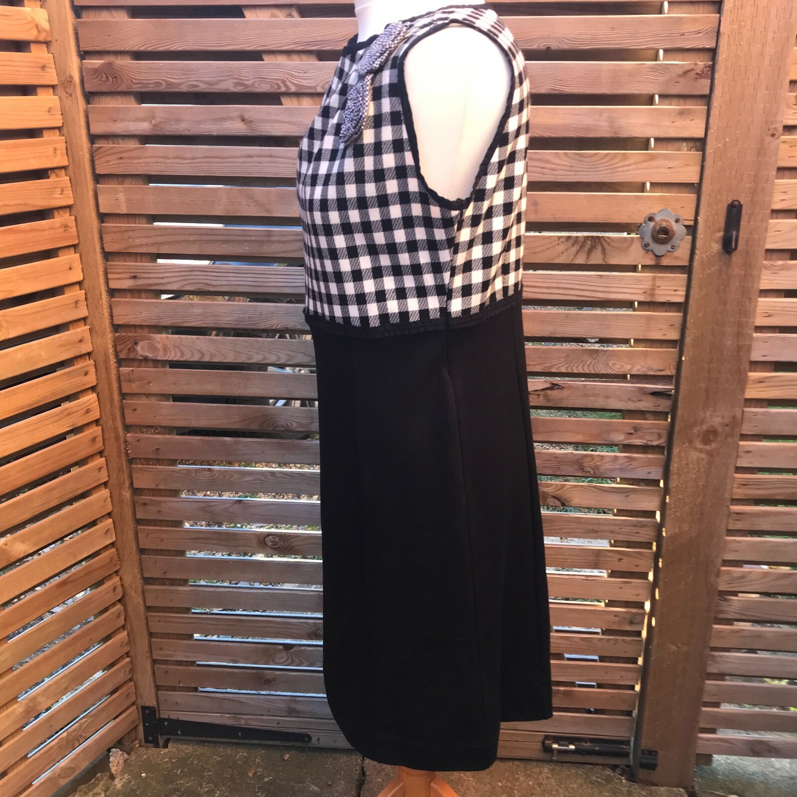 Cortefiel Black Dress With Gingham Bodice Size 14 UK Sleeveless Side Zip Smart