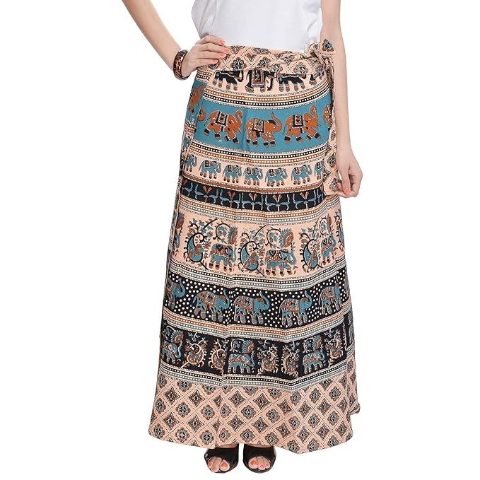 Women’s Cotton Jaipuri Printed Long Wrap Around Full Size Maxi Skirt Beige colr