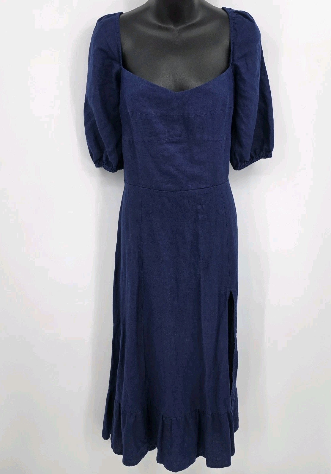 REFORMATION Belgium Linen Midi Dress Navy Blue Side Slit Puff Sleeve Sz 12