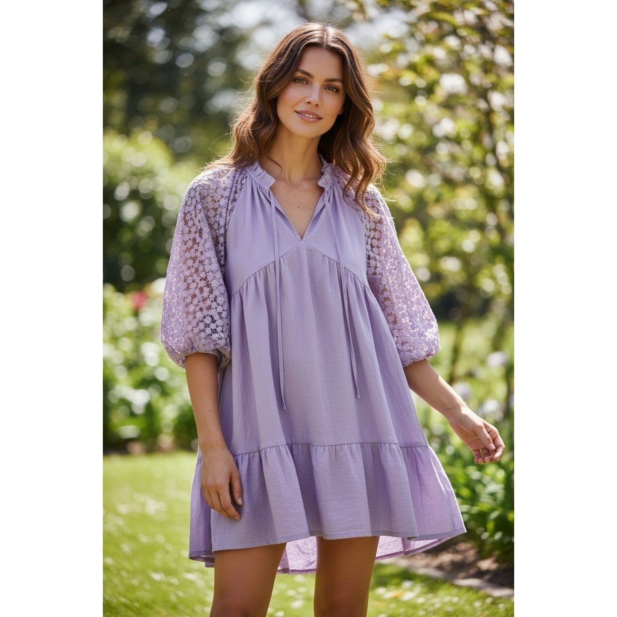 Umgee Lavender Purple Lace Crochet Sleeve Babydoll Mini Dress B8483 Medium NWT