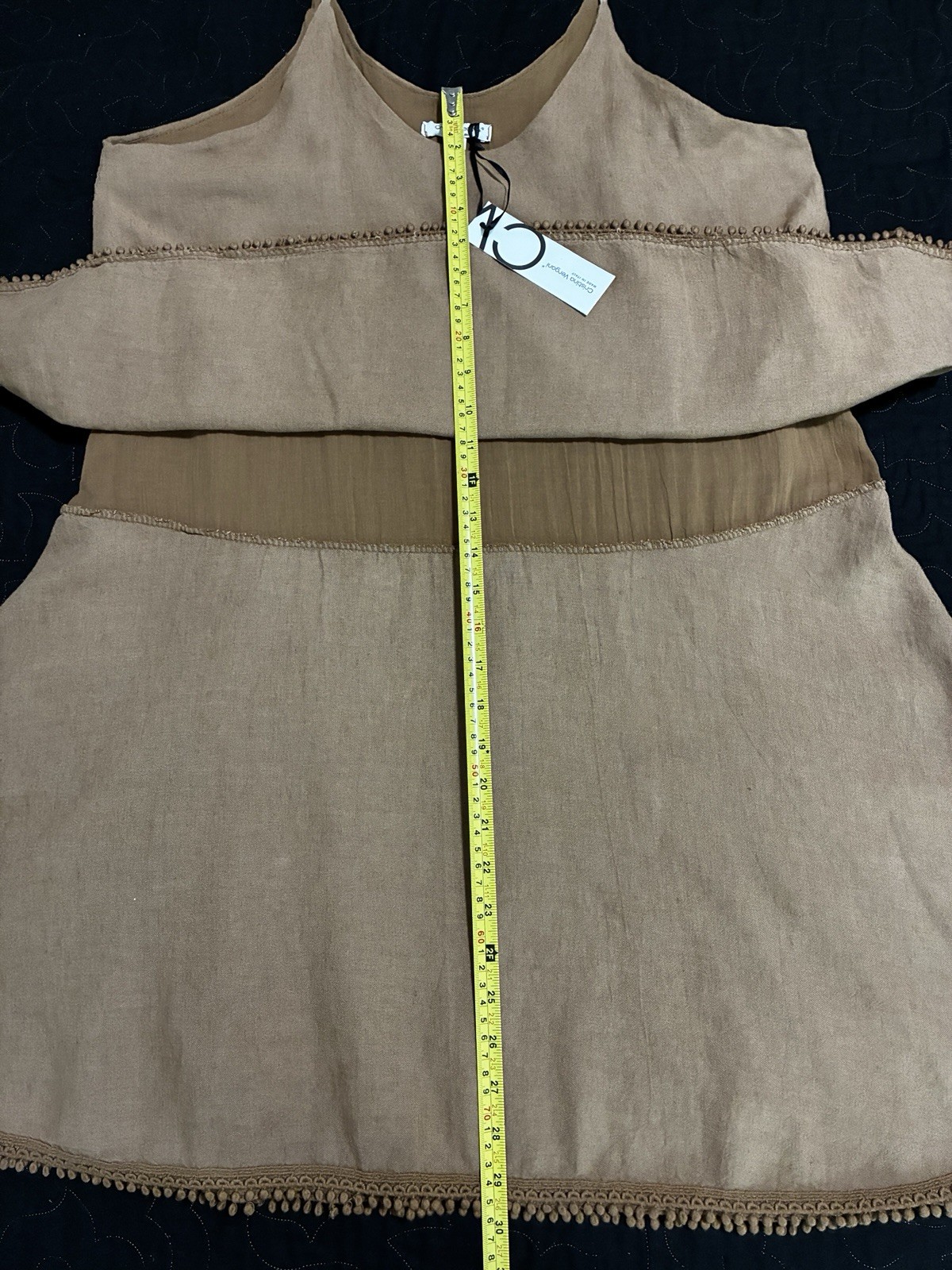 Cristina Vergano Brown Linen Blend Slip Dress L Scoop Neck Knee Pom-Pom