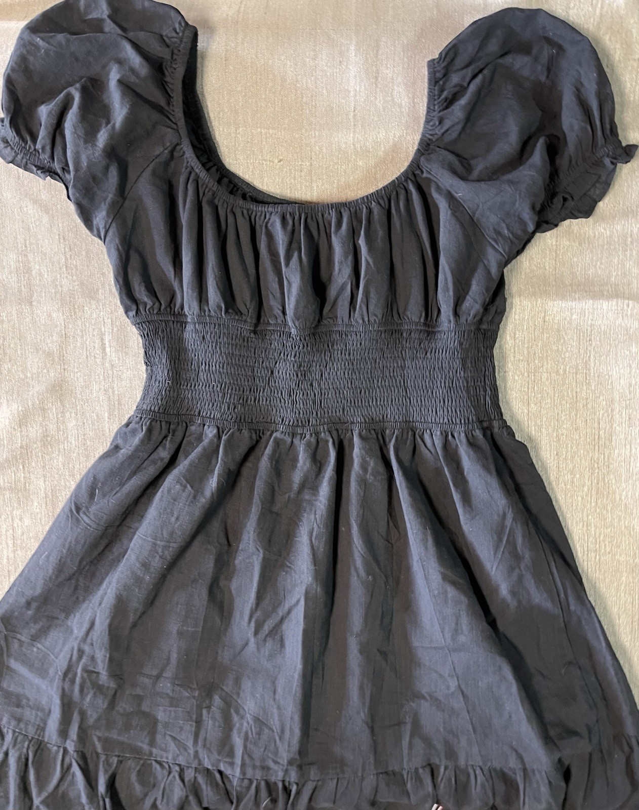 Lillusory, L, Black Tiered Cottagecore Stretch Waist Puff Sleeve Short Dress