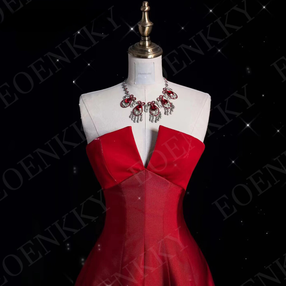 Satin Red Evening Dresses Lace-up Strapless A Line V Neck Burgundy Sweep Train