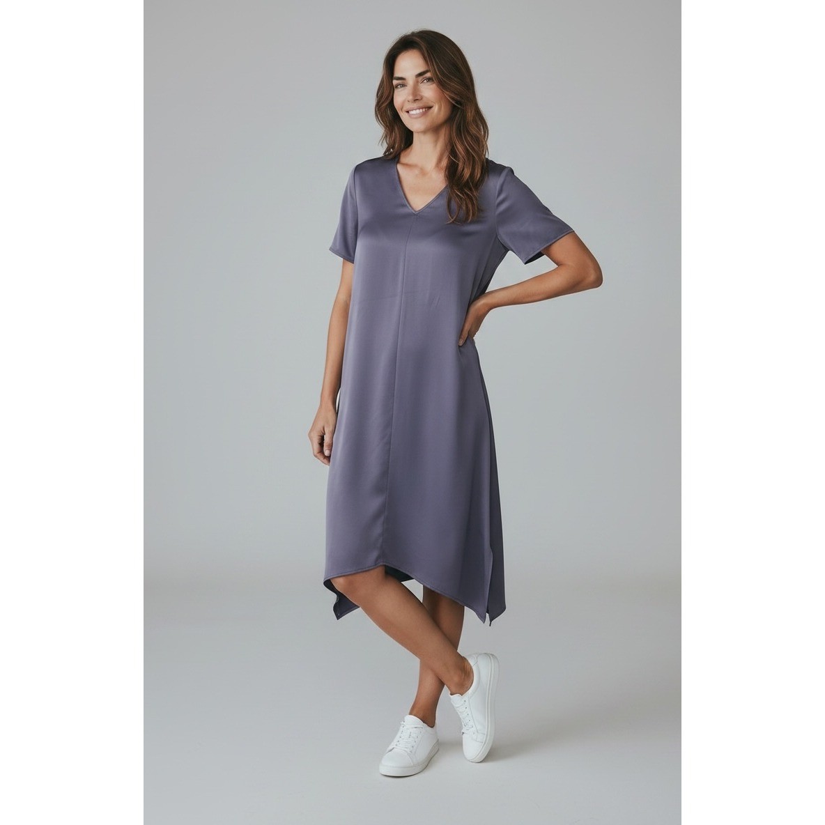 Eileen Fisher Handkerchief Hem Dress Womens Large V-Neck Short Sleeve slate blue