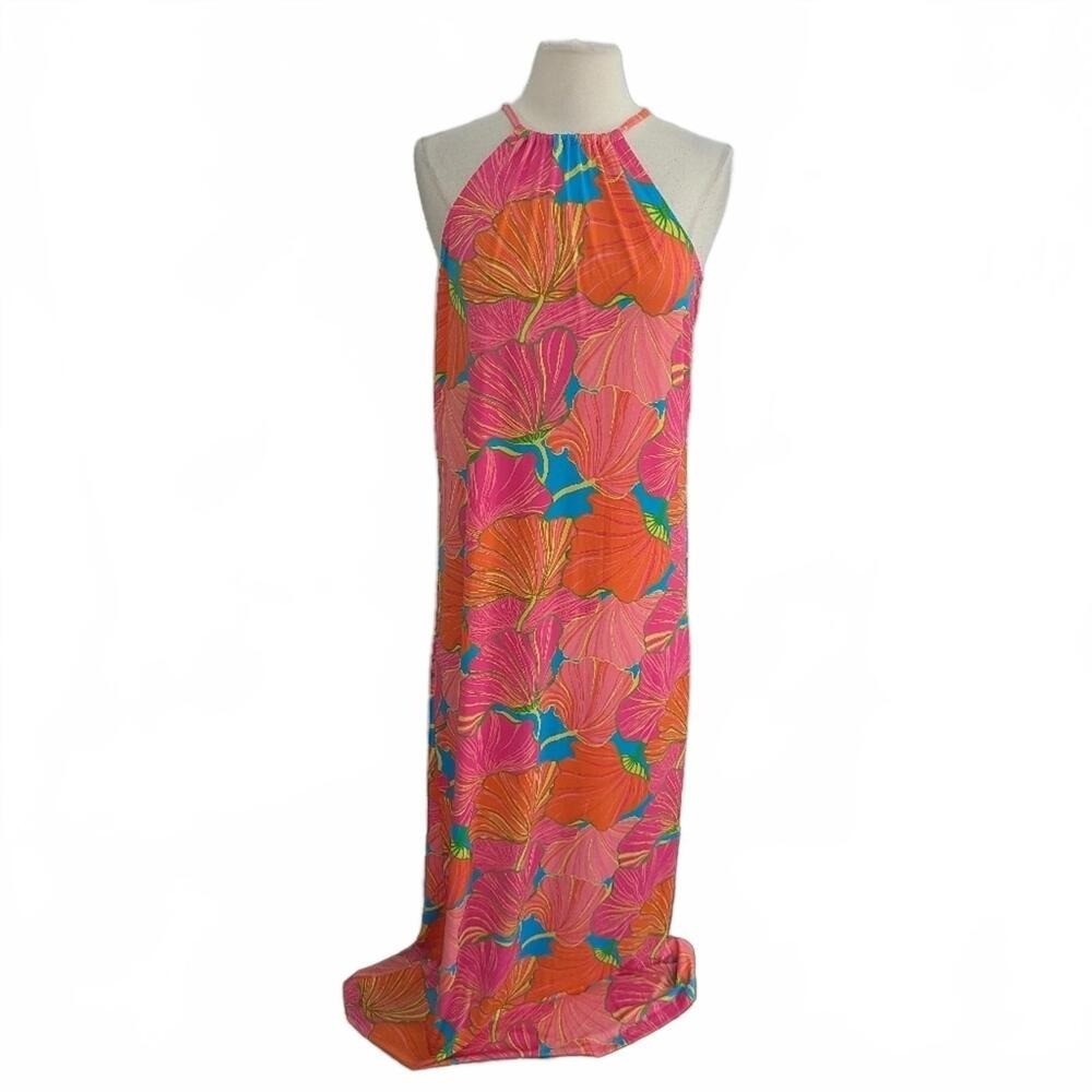 Trina Turk Maxi Dress L Bright Floral Halter Neck Colorful Beach Coastal NEW