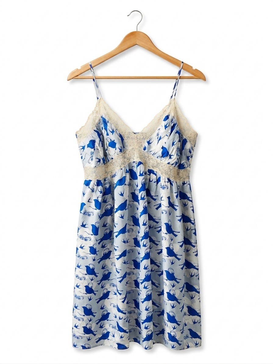 Y2K Fleurette Silk Slip Dress Large Blue Bird ASO Ghost Whisperer Anthropologie