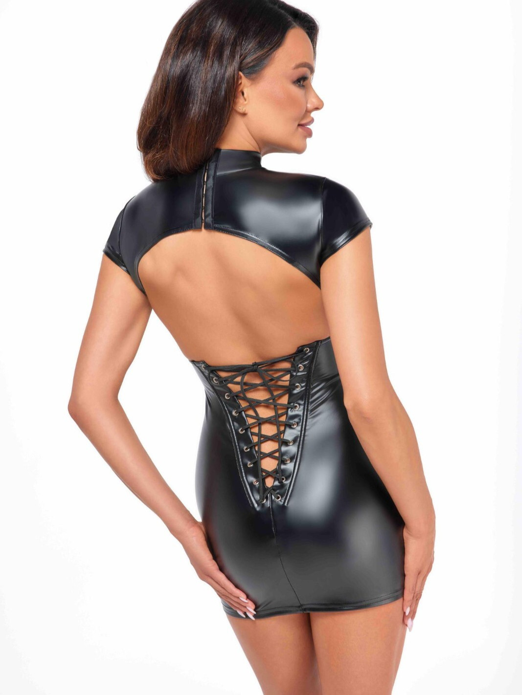 Women’s Black Wet Look Bodycon Mini Dress with Lace-Up Back Party Clubwear