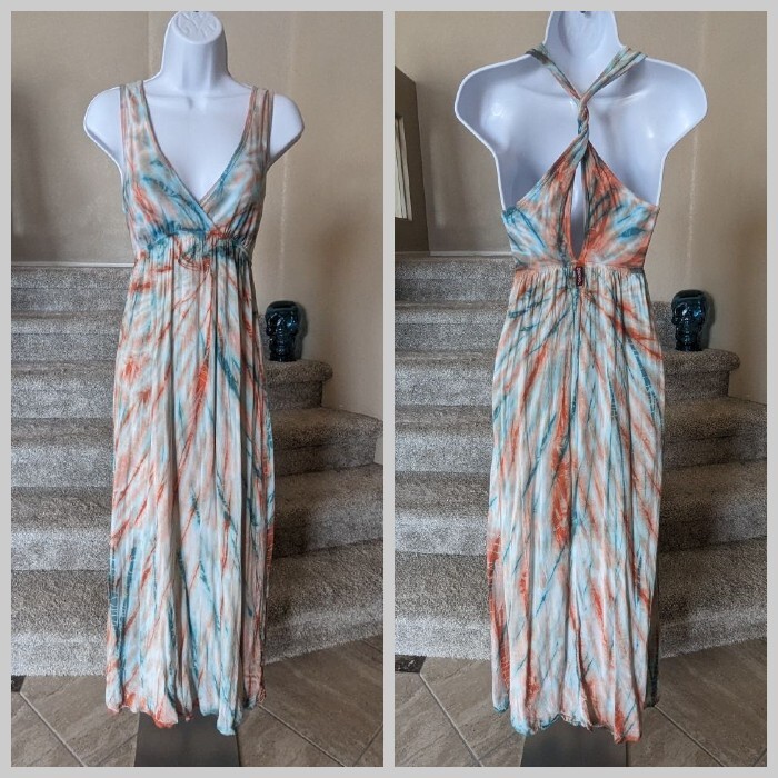 Hard Tail Twist Back Dress (S) Green Orange Tie Dye Maxi Cutout Breezy Flowy