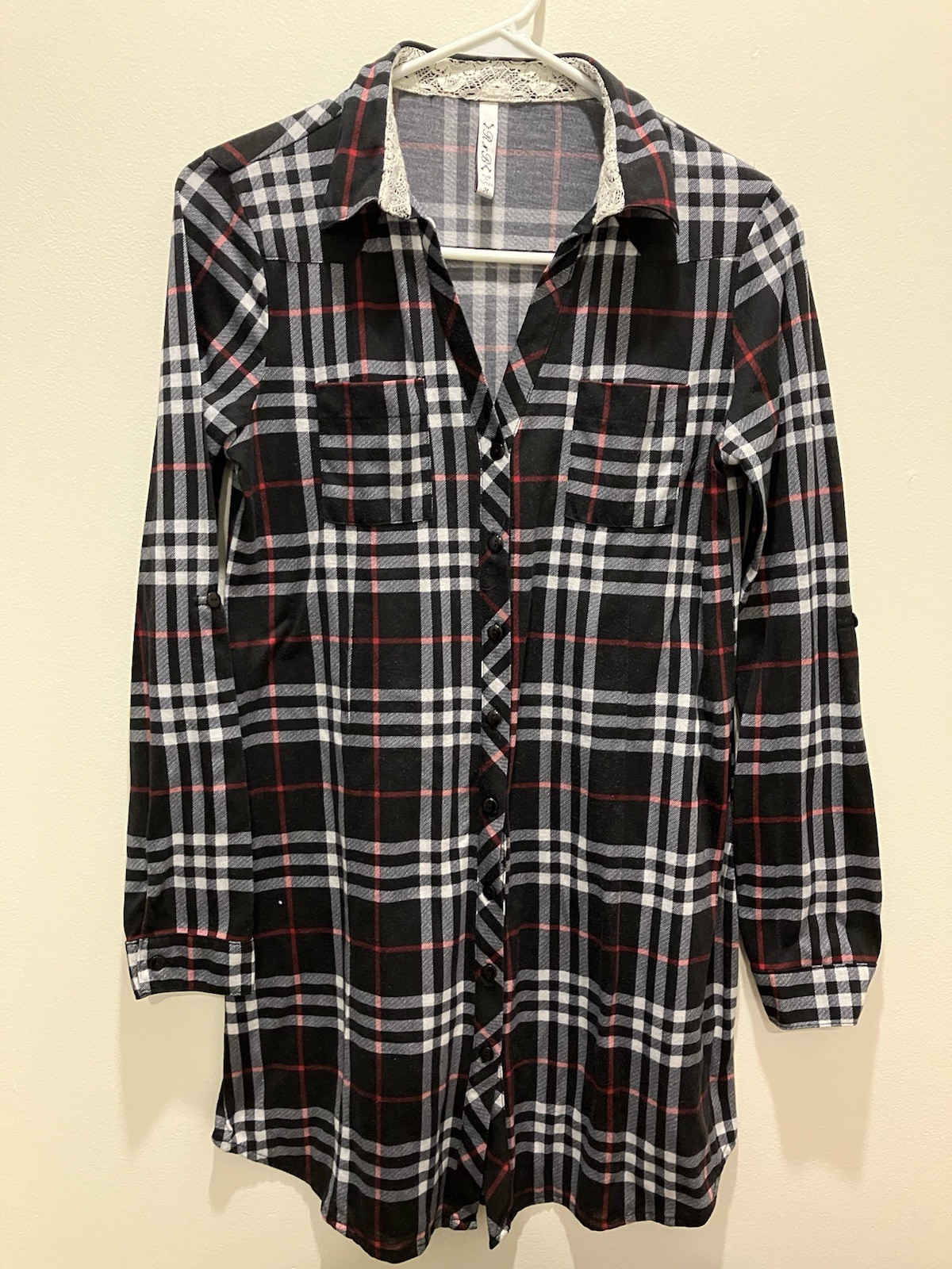 R N B Size Medium Ladies Black White Red Plaid Roll Tab Sleeve Dress
