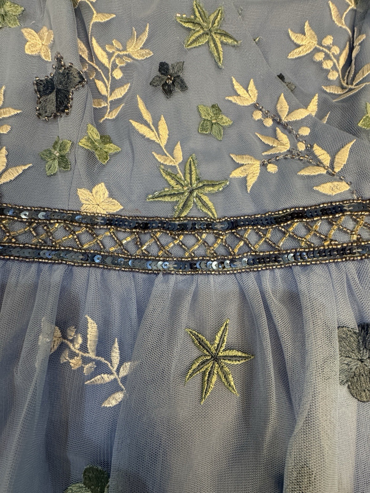 Adrianna Papell Beaded Tiered Mesh Dress Blue Womens Size 14 Floral Embroidered