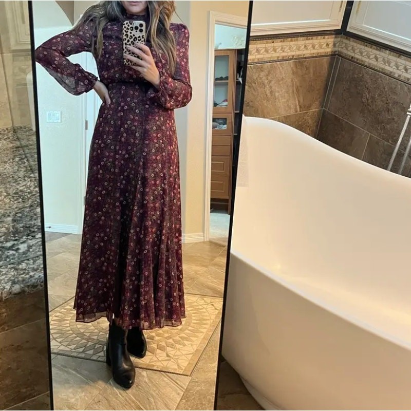 Saloni Floral Chiffon Maxi Dress SIZE 4 Silk High Neck Side Slit Designer $800