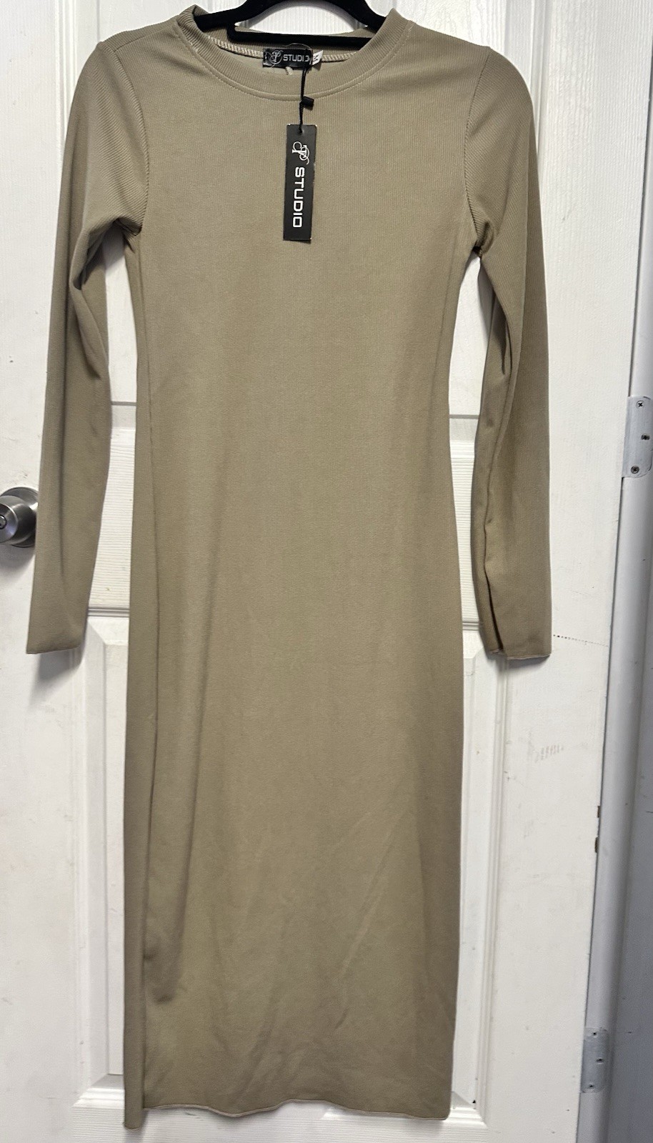 Studio Beige Ribbed Knit Round Neck Long Sleeve Bodycon Midi Dress Size M