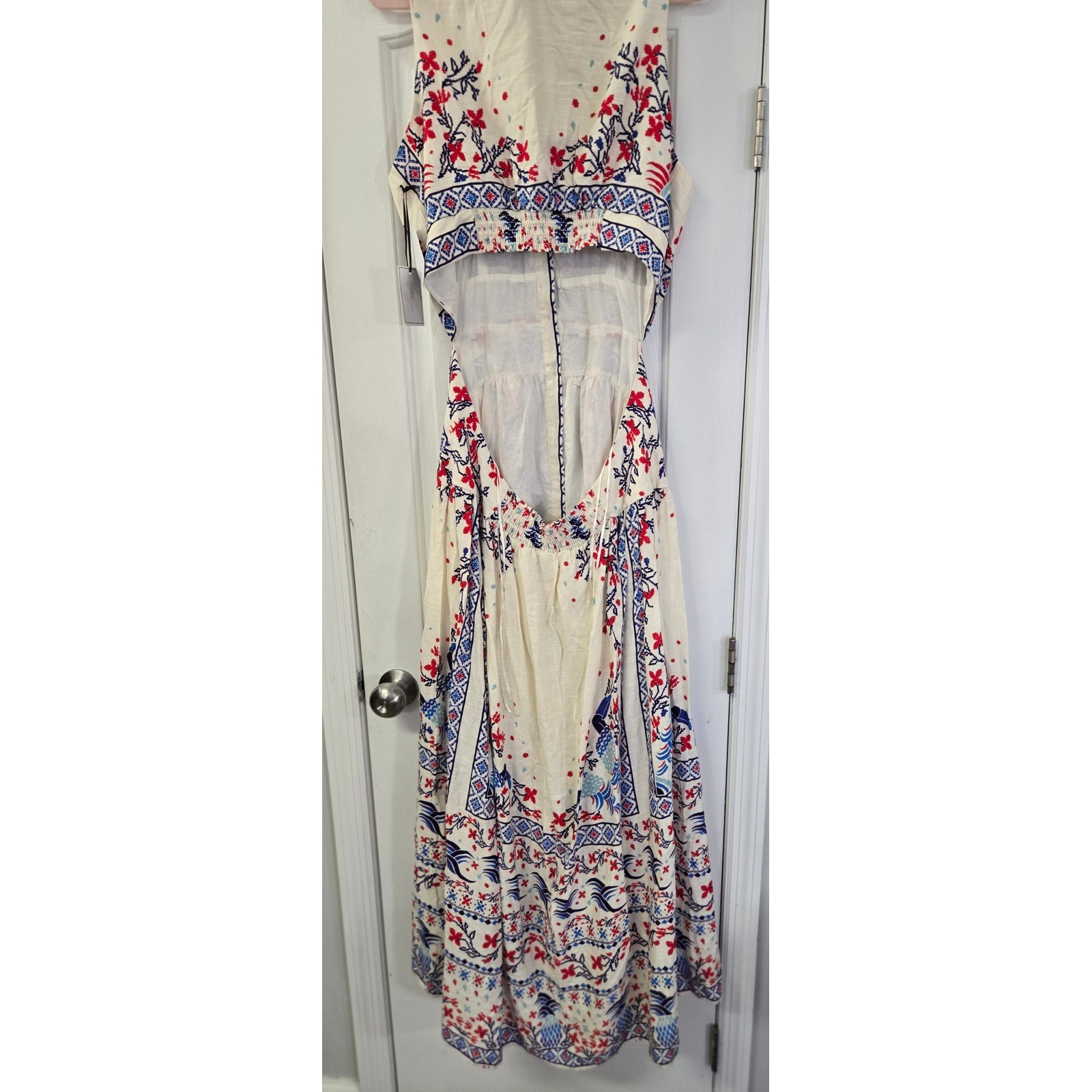 1 STATE Rayon Linen XL Geometric Floral Button Down Open Back Maxi Dress Cream