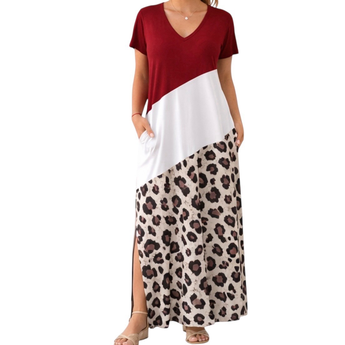 Boutique Leopard Colorblock Maxi Dress V Neck Pockets Side Slit L