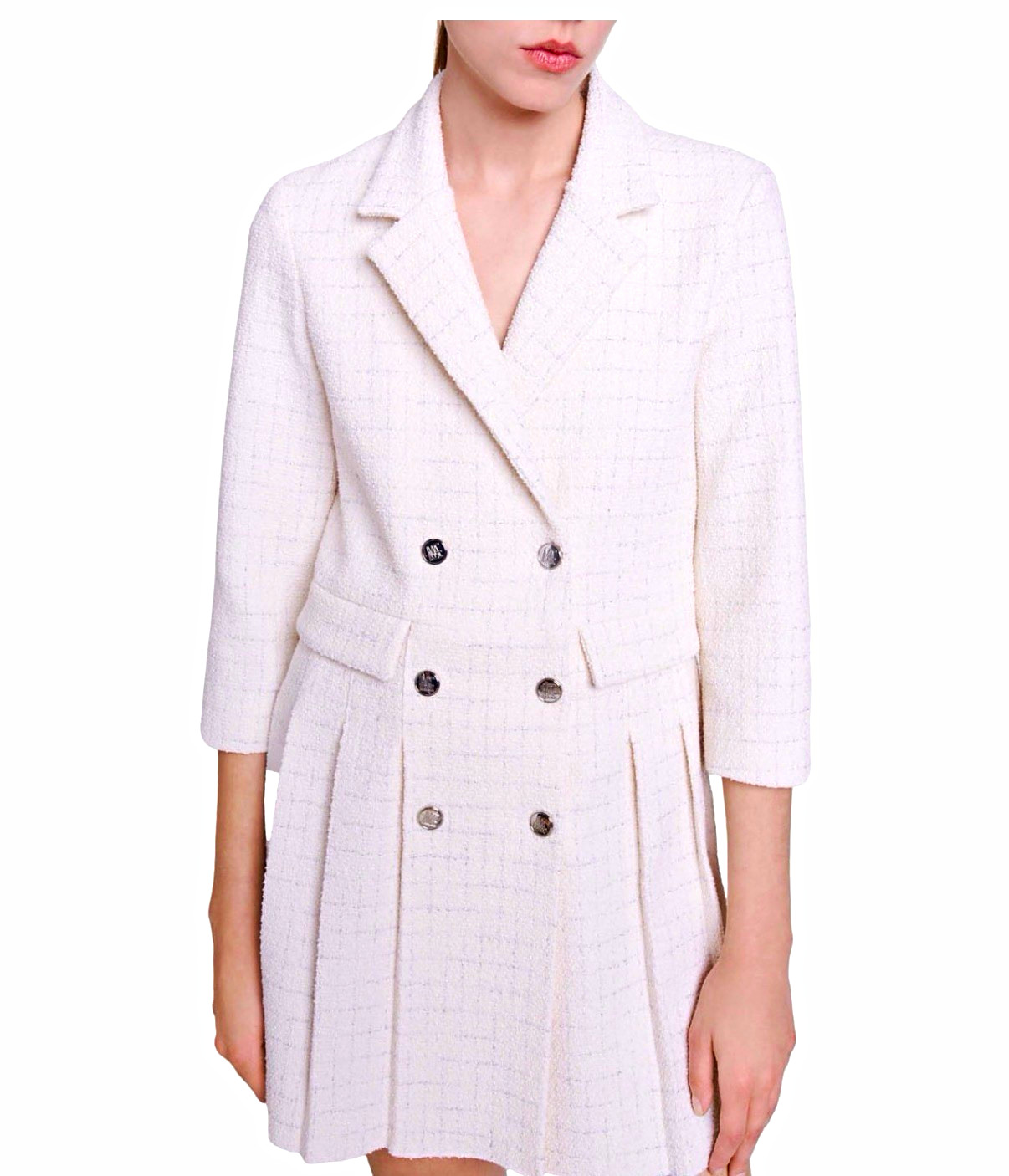 Maje Ivory Tweed Plaid Double-Breasted Collared A-Line Dress, Women’s 40