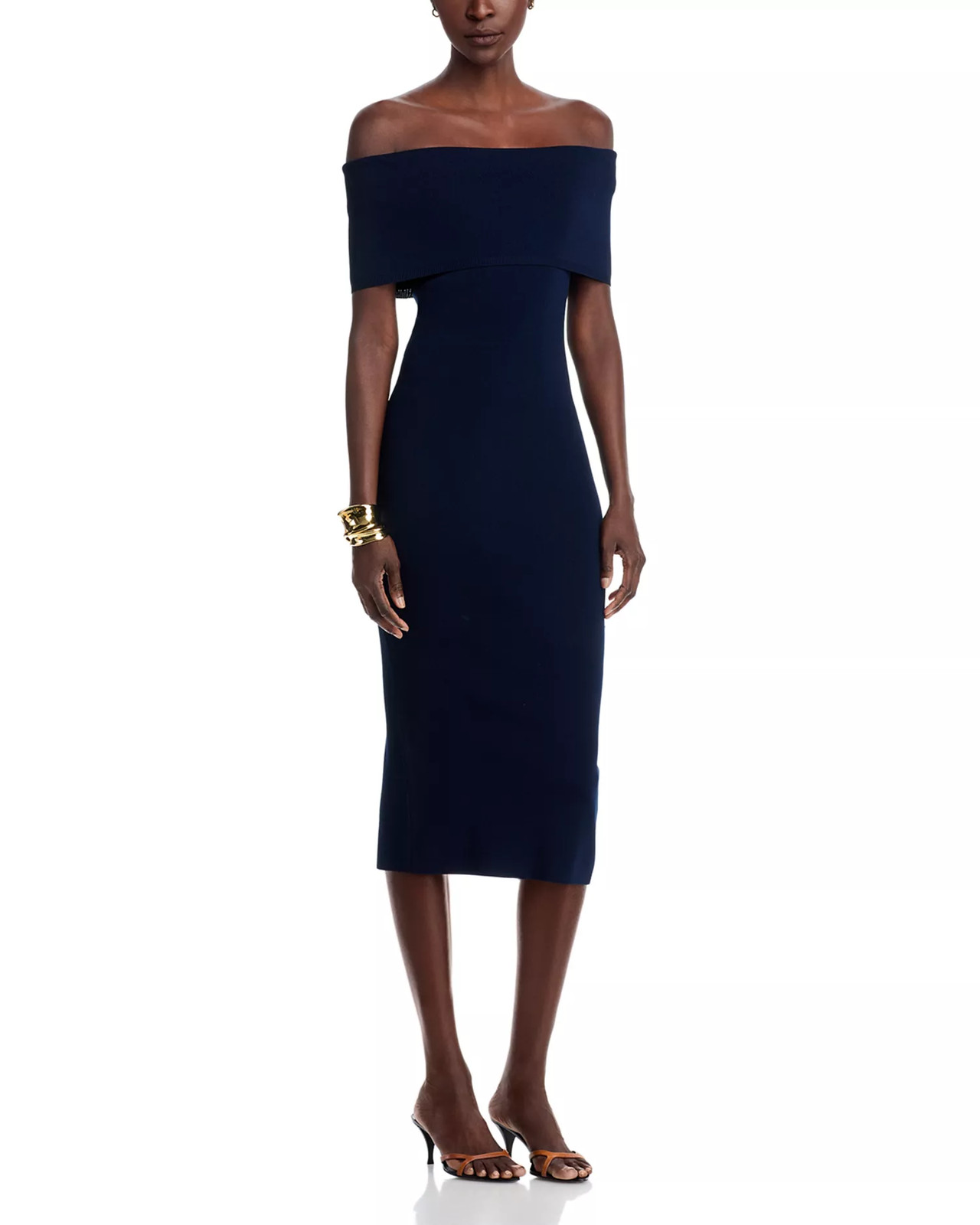 Michael Kors Sweater Dress Large Blue Off Shoulder Fold Over Midi Knit Bodycon