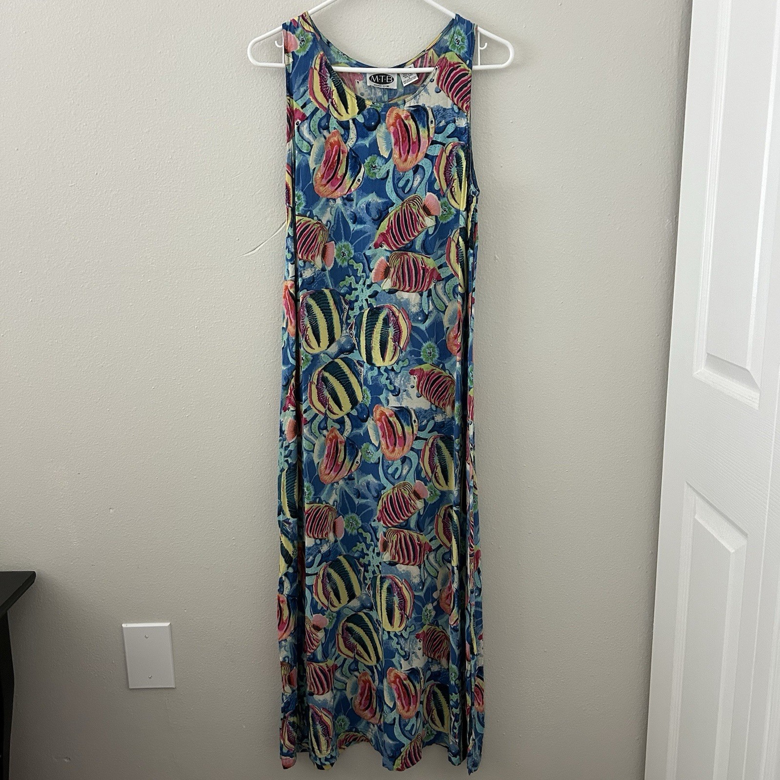 Vintage MTB Meant to Be Tropical Maxi Tank Dress Sz S Colorful Tropical Fish 90s