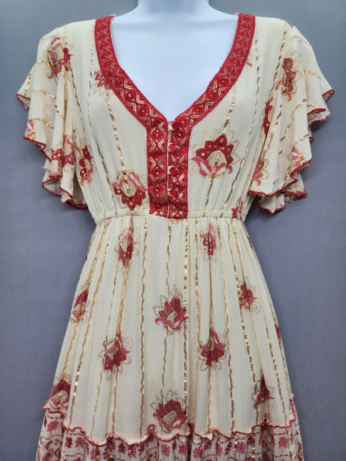 Anthropologie Me 2 Magic S Cream Dress Gold Metallic Stripes Floral Ruffle