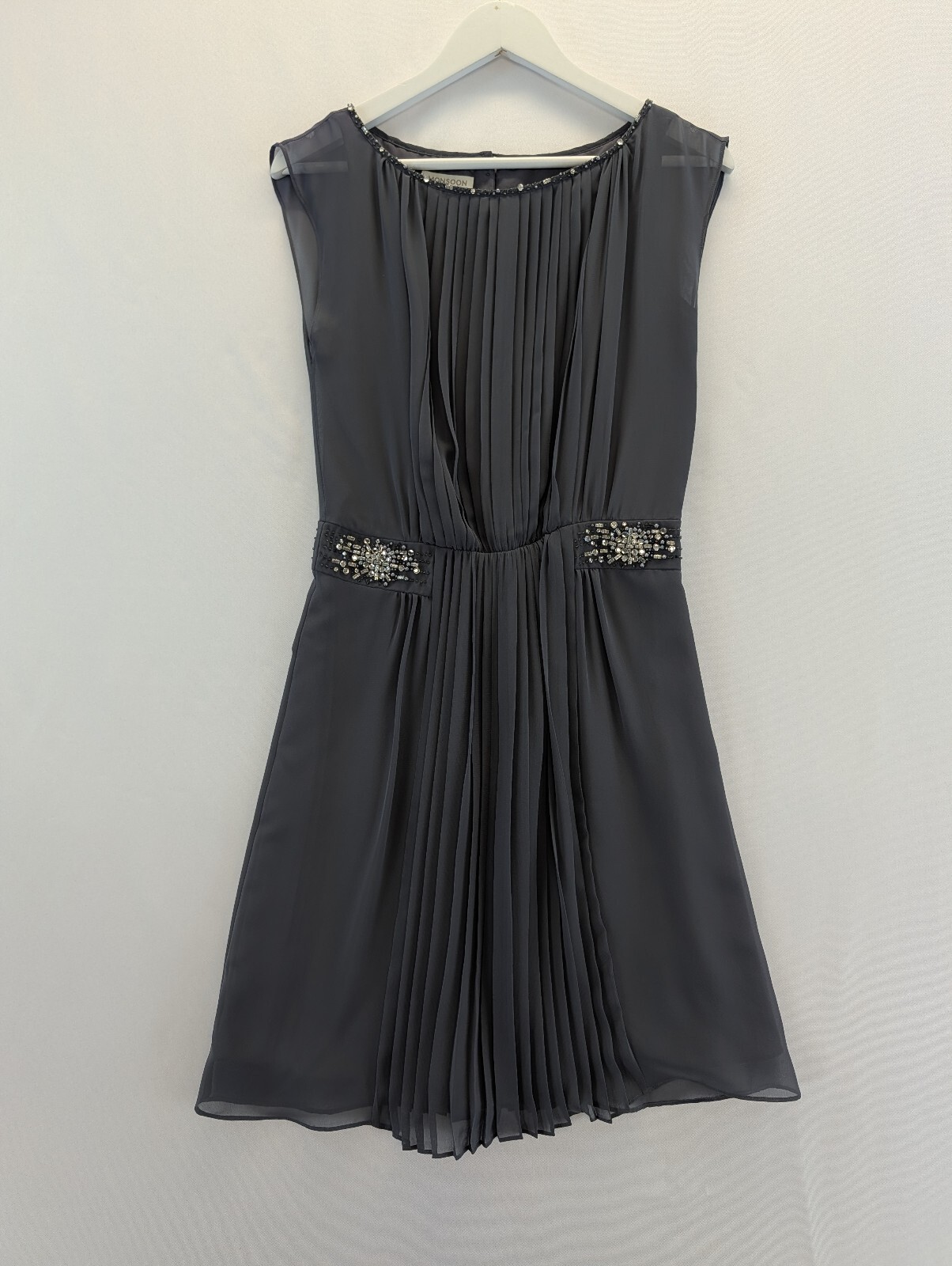 Preloved Monsoon Embellished Pleated Grey Dress Size 12