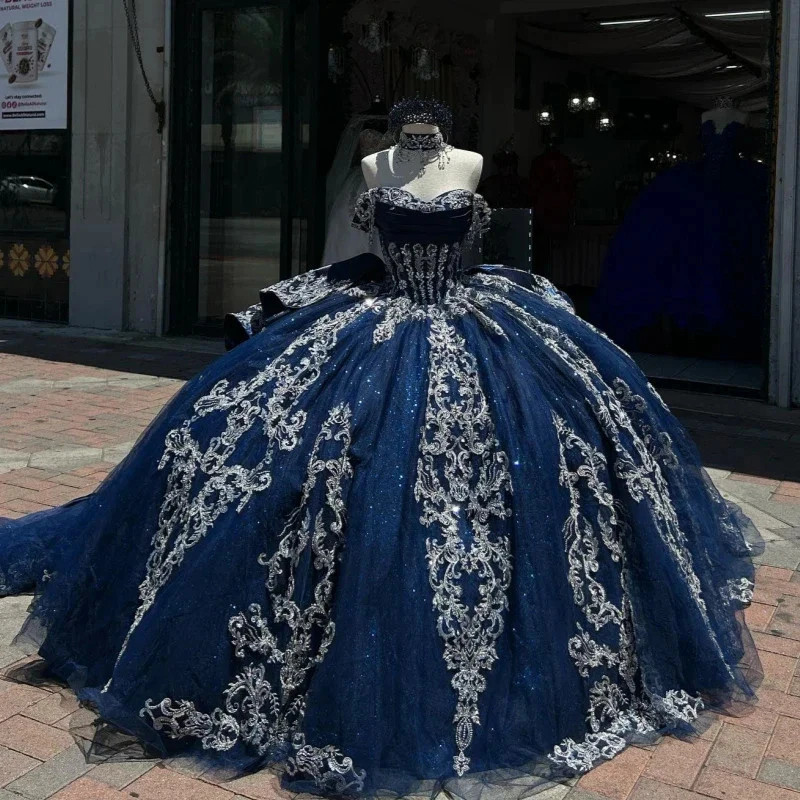 Navy Quinceanera Dress Off The Shoulder Silver Lace Applique Sweet 16 Ball Gowns