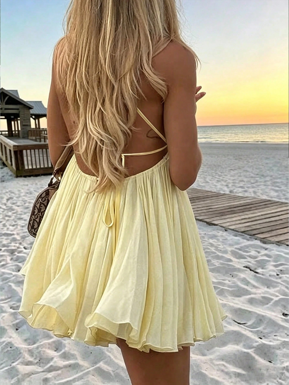 Casual Short Beach Dress with Spaghetti Straps in Yellow