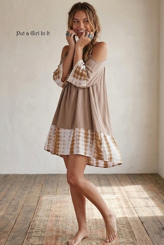 New Boho Women’s Taupe Tie Dye Cold Shoulder Beach Dress S M L Vacation Bohemian