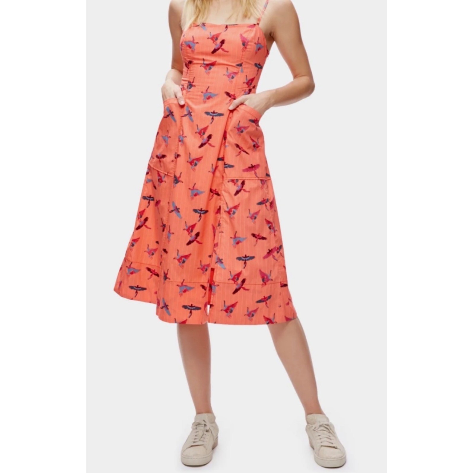 Free People Women’s 8 Midi Dress Coral Bird Print Pinstripe Pockets Strapless