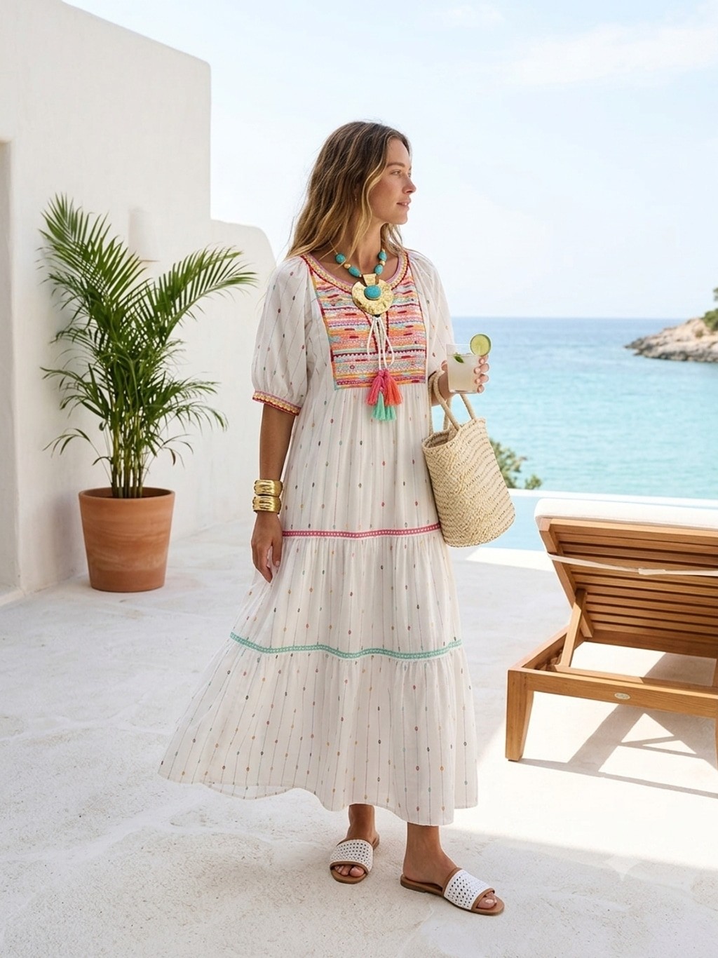 See And Be Seen White Embroidered Maxi Dress S Boho Tassel Tiered Smock Resort