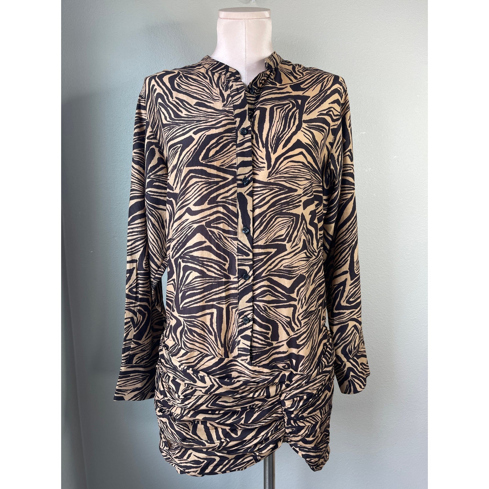 L’Academie Mini Dress Tan Brown Zebra Print Ruched Silk Blend Long Sleeve S