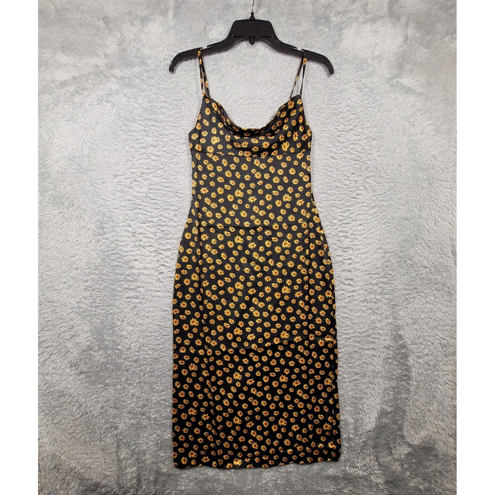 WEWOREWHAT Floral Sunflower Midi Slip Dress Cowl Neck Spaghetti Strap Black 0